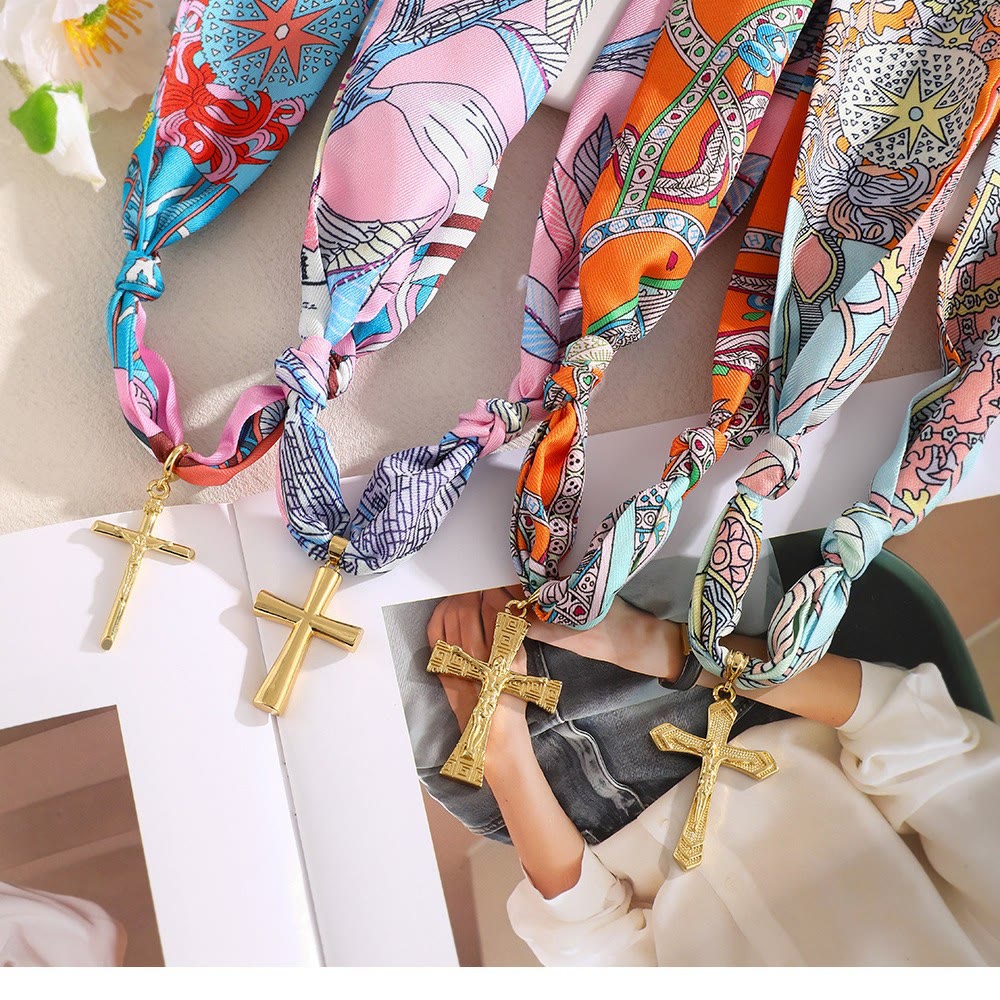 Vibrant Pattern Scarf with Cross Necklace Series: Graceful Devotion for Daily Wear