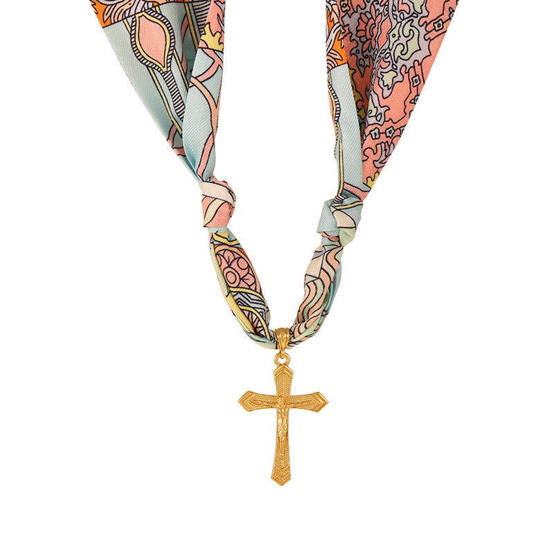 Vibrant Pattern Scarf with Cross Necklace Series: Graceful Devotion for Daily Wear