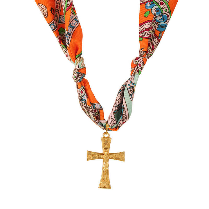 Vibrant Pattern Scarf with Cross Necklace Series: Graceful Devotion for Daily Wear