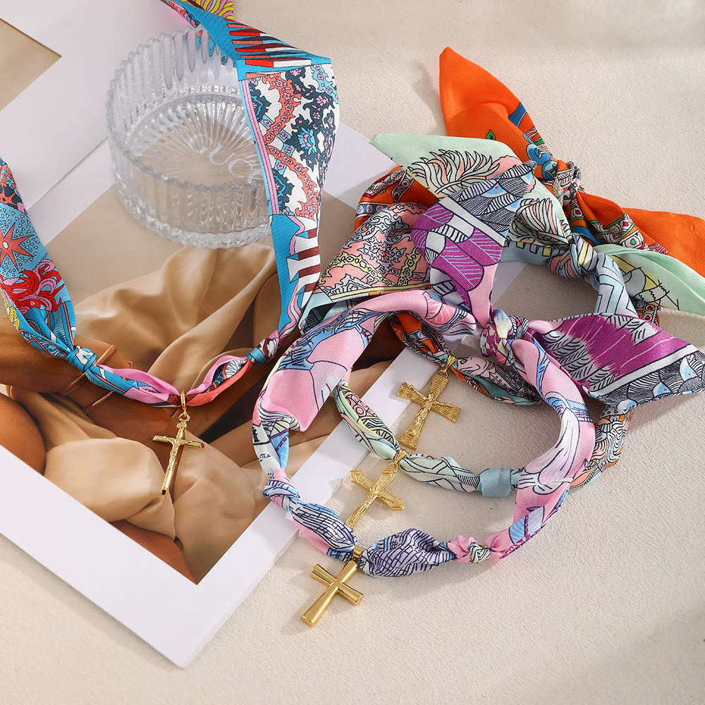 Vibrant Pattern Scarf with Cross Necklace Series: Graceful Devotion for Daily Wear