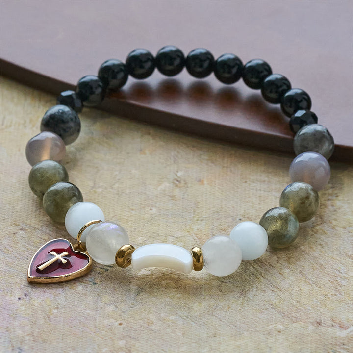 Night-to-Day Tidal Gradient Bracelet with Red Heart Cross: Faith That Never Fades