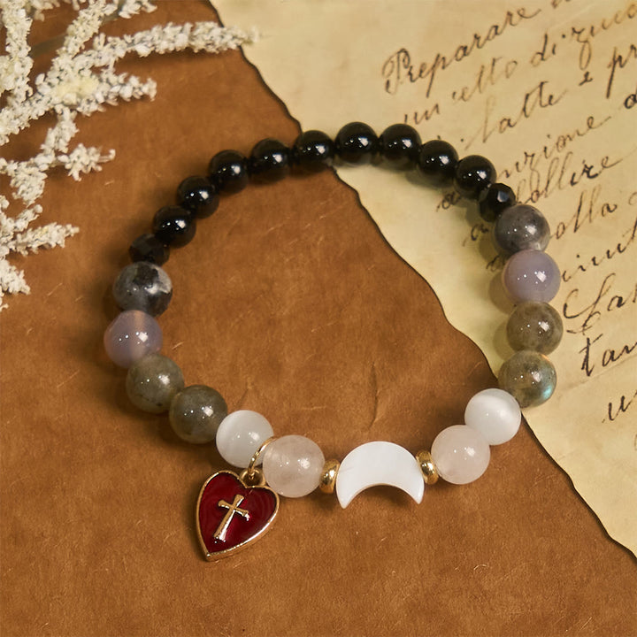 Night-to-Day Tidal Gradient Bracelet with Red Heart Cross: Faith That Never Fades