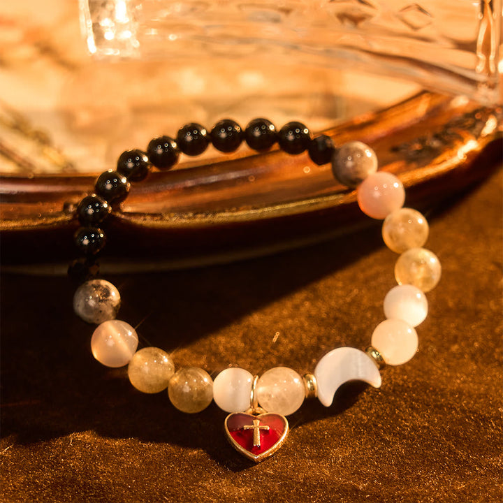 Night-to-Day Tidal Gradient Bracelet with Red Heart Cross: Faith That Never Fades