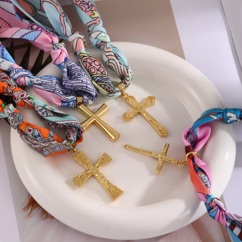 Vibrant Pattern Scarf with Cross Necklace Series: Graceful Devotion for Daily Wear