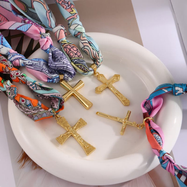 Vibrant Pattern Scarf with Cross Necklace Series: Graceful Devotion for Daily Wear