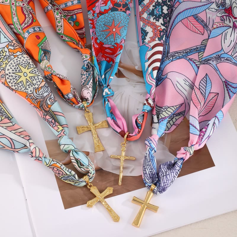 Vibrant Pattern Scarf with Cross Necklace Series: Graceful Devotion for Daily Wear