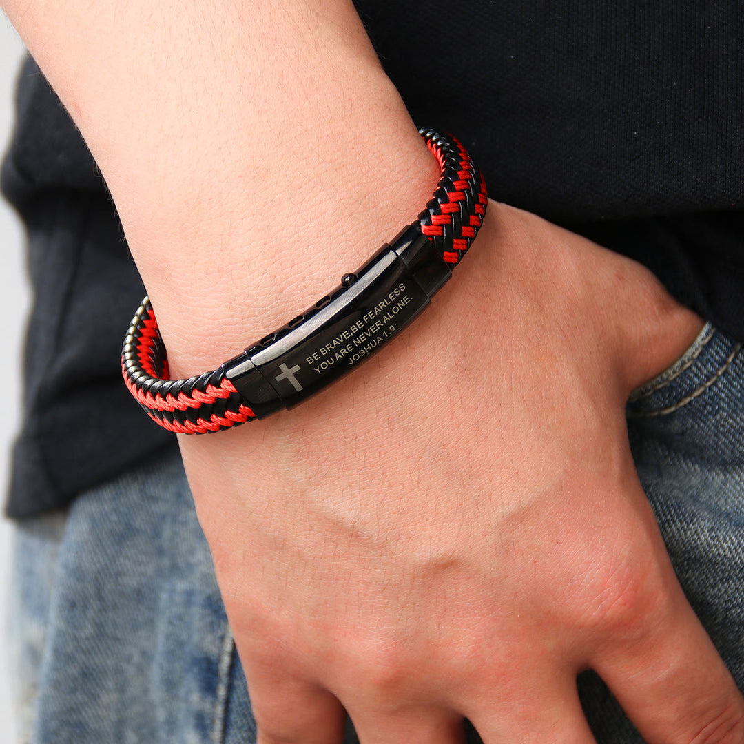 Joshua 1:9 Woven Leather Cross Bracelet: Bold Courage for Daily Wear