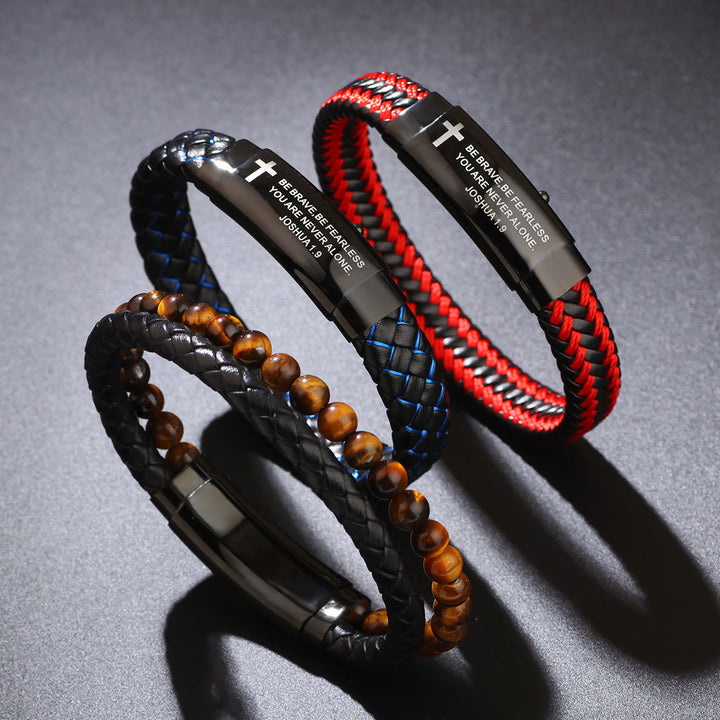 Joshua 1:9 Woven Leather Cross Bracelet: Bold Courage for Daily Wear