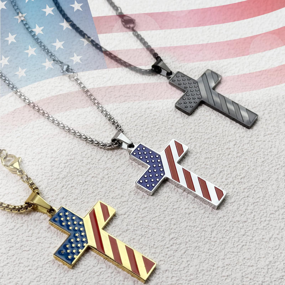 Tri-Color Cross Necklace with American Flag & Scripture: A Patriotic Expression