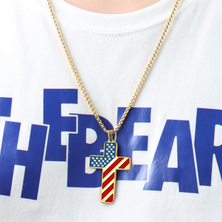 Tri-Color Cross Necklace with American Flag & Scripture: A Patriotic Expression