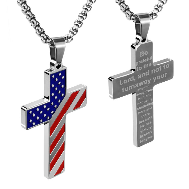 Tri-Color Cross Necklace with American Flag & Scripture: A Patriotic Expression
