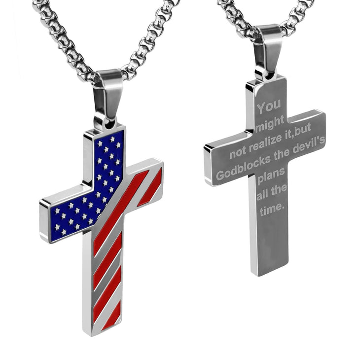 Tri-Color Cross Necklace with American Flag & Scripture: A Patriotic Expression