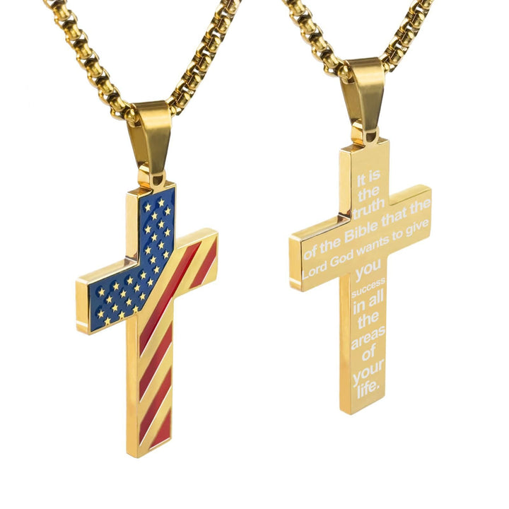 Tri-Color Cross Necklace with American Flag & Scripture: A Patriotic Expression
