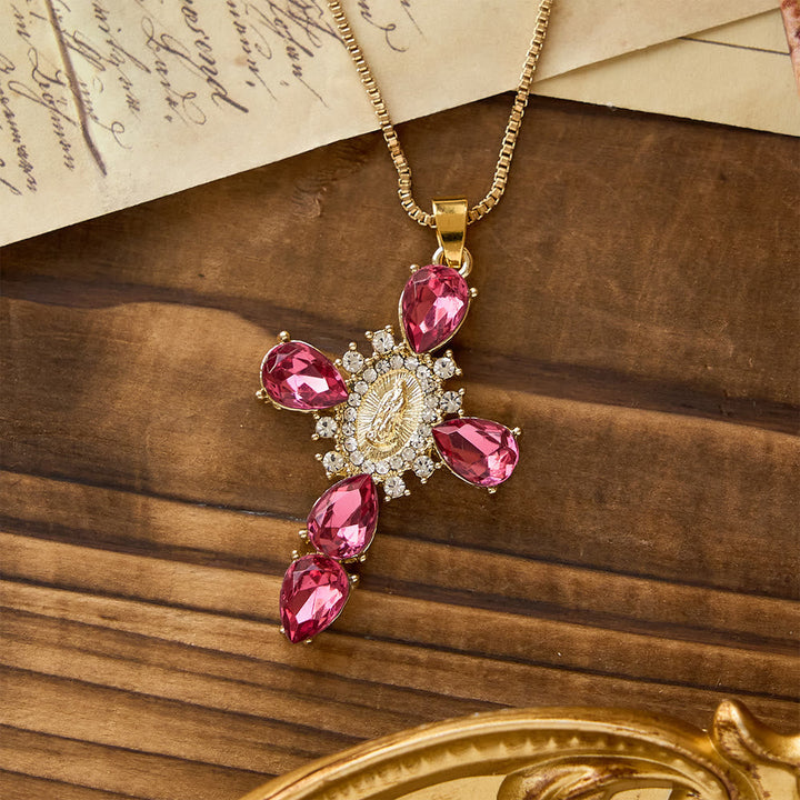 Luminous Our Lady Cross with Zircon Necklace: Warm Comfort for Faithful Hearts