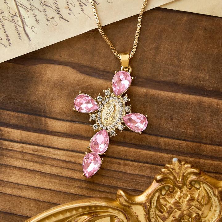 Luminous Our Lady Cross with Zircon Necklace: Warm Comfort for Faithful Hearts