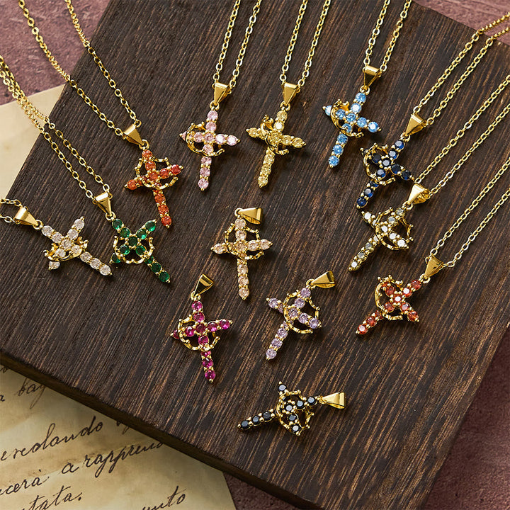 Faith - Symbol Cross Necklace with Monthly Birthstone Accents