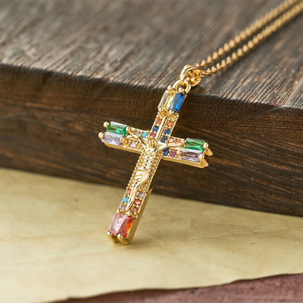 Retro Bohemian Style Colored Zirconia Cross Titanium Steel Necklace