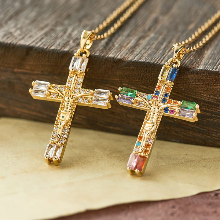 Retro Bohemian Style Colored Zirconia Cross Titanium Steel Necklace