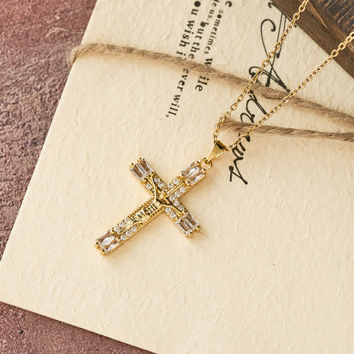 Retro Bohemian Style Colored Zirconia Cross Titanium Steel Necklace