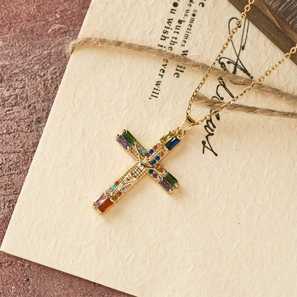 Retro Bohemian Style Colored Zirconia Cross Titanium Steel Necklace