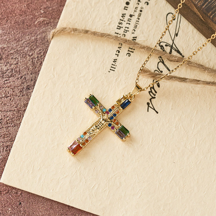 Retro Bohemian Style Colored Zirconia Cross Titanium Steel Necklace