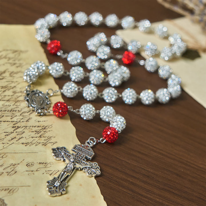 Miraculous Medal & Crucifix of 10 mm Round Silver Gems Necklace