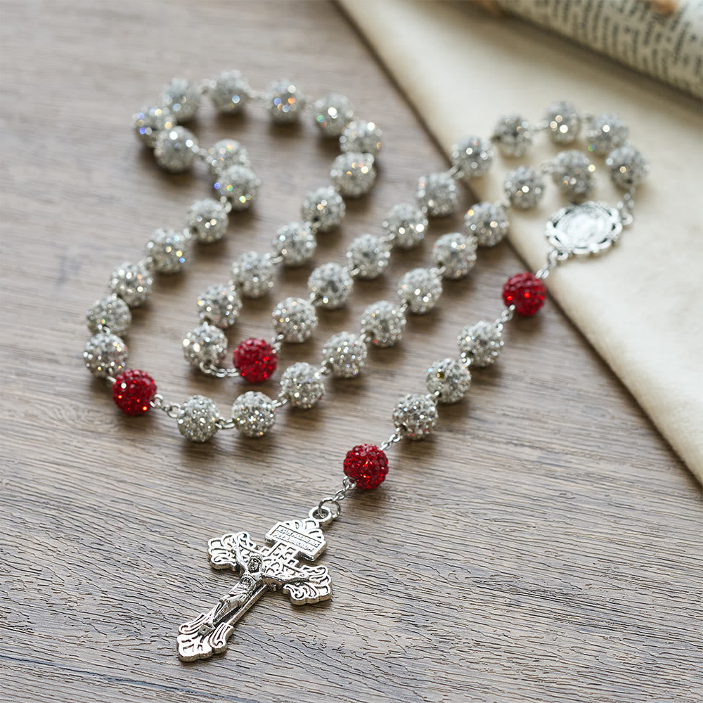 Miraculous Medal & Crucifix of 10 mm Round Silver Gems Necklace