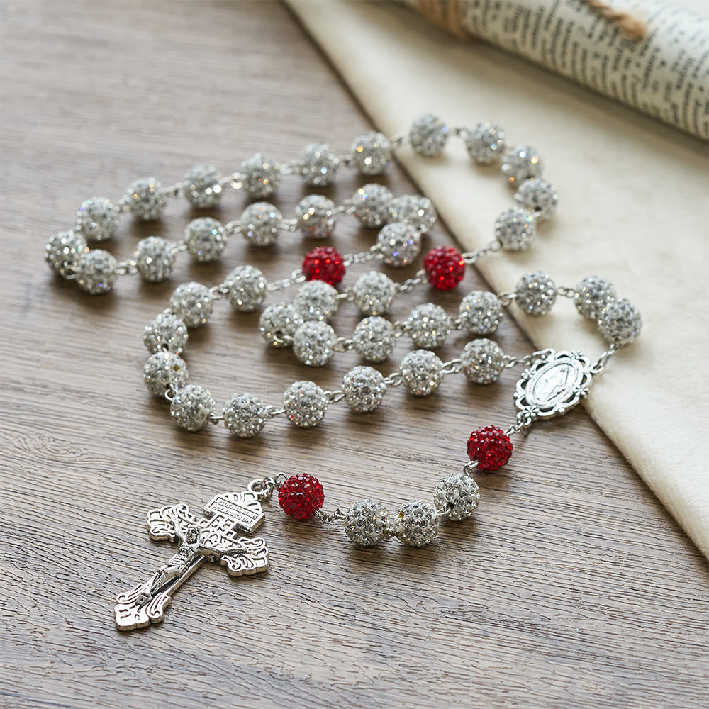Miraculous Medal & Crucifix of 10 mm Round Silver Gems Necklace