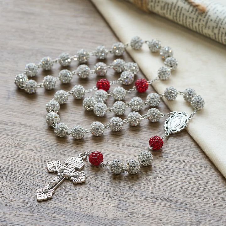 Miraculous Medal & Crucifix of 10 mm Round Silver Gems Necklace