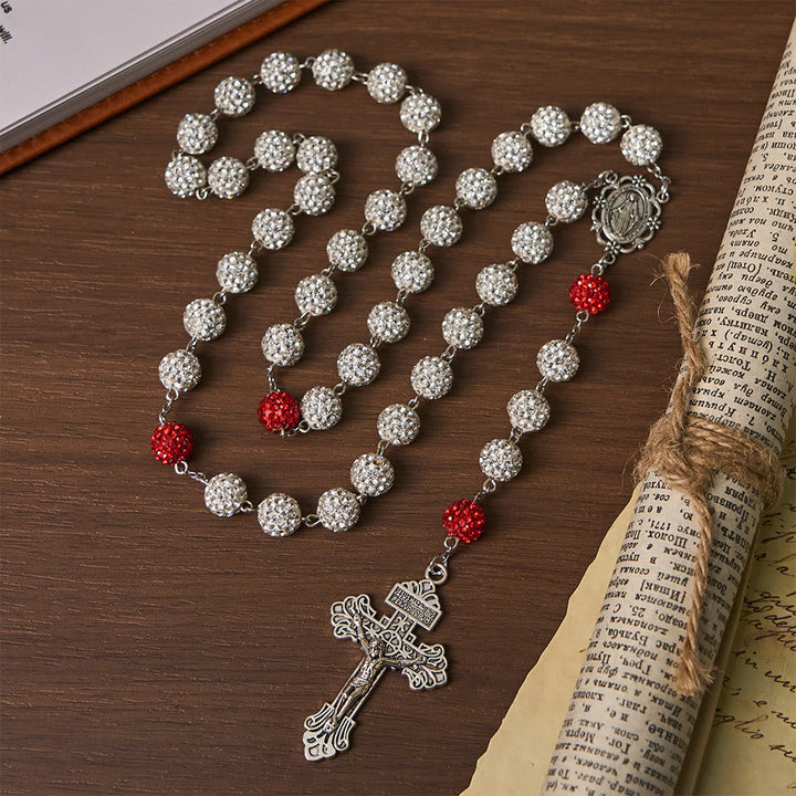 Miraculous Medal & Crucifix of 10 mm Round Silver Gems Necklace