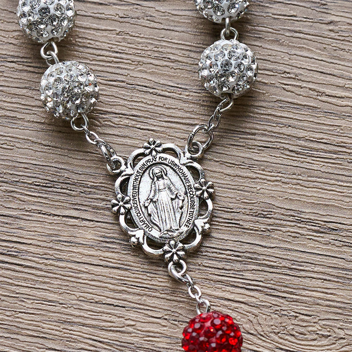 Miraculous Medal & Crucifix of 10 mm Round Silver Gems Necklace