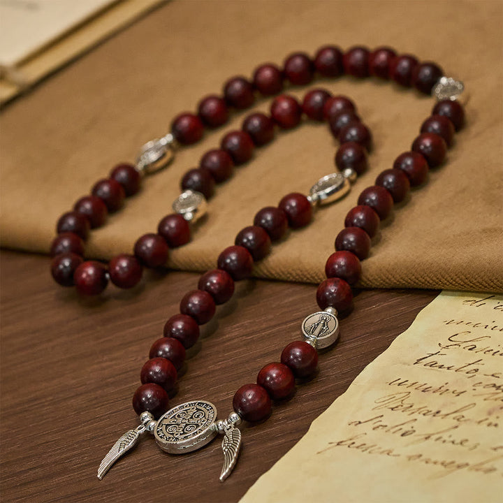 Miraculous Medal & Angel Wing Blood SandalWood Bead Bracelet