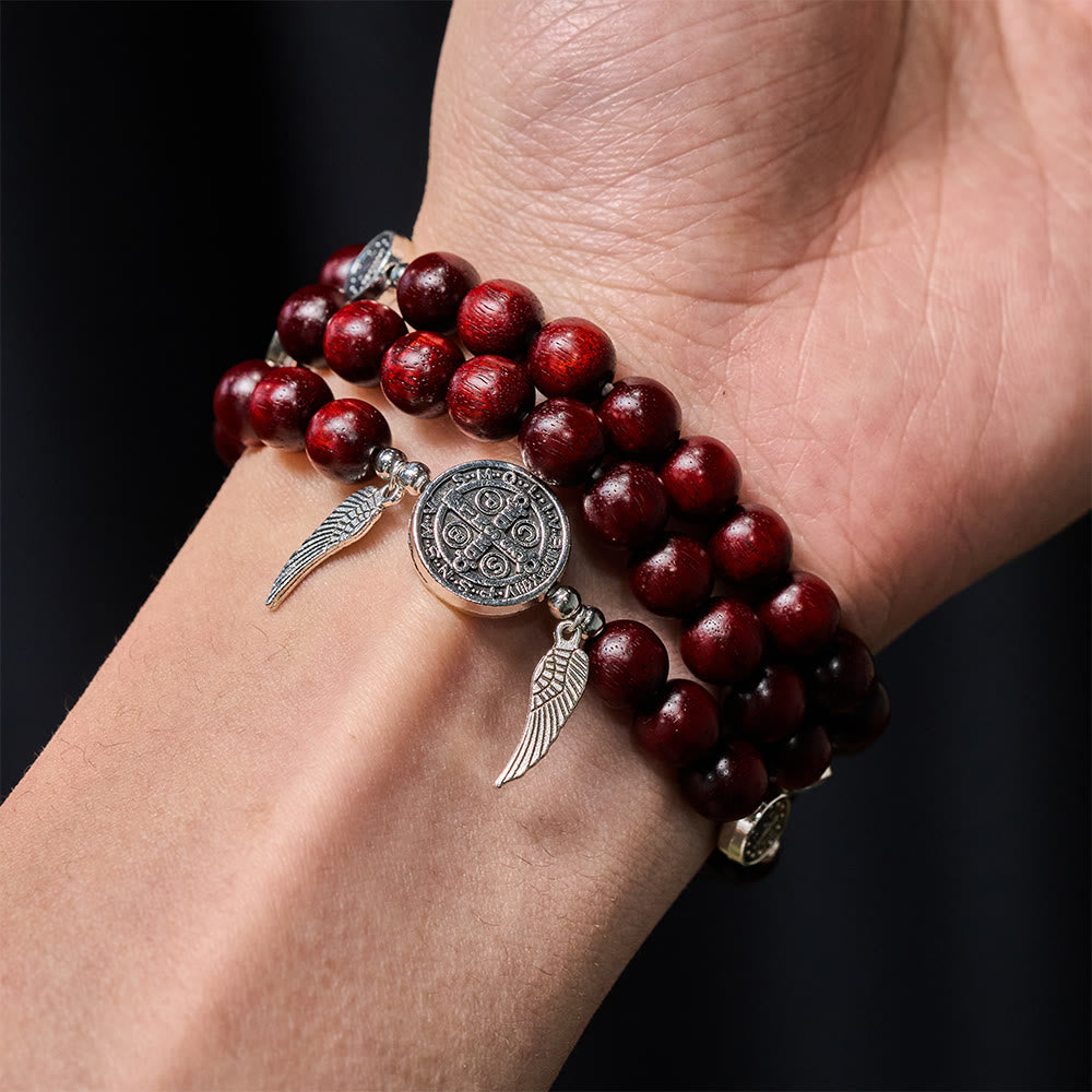 Miraculous Medal & Angel Wing Blood SandalWood Bead Bracelet