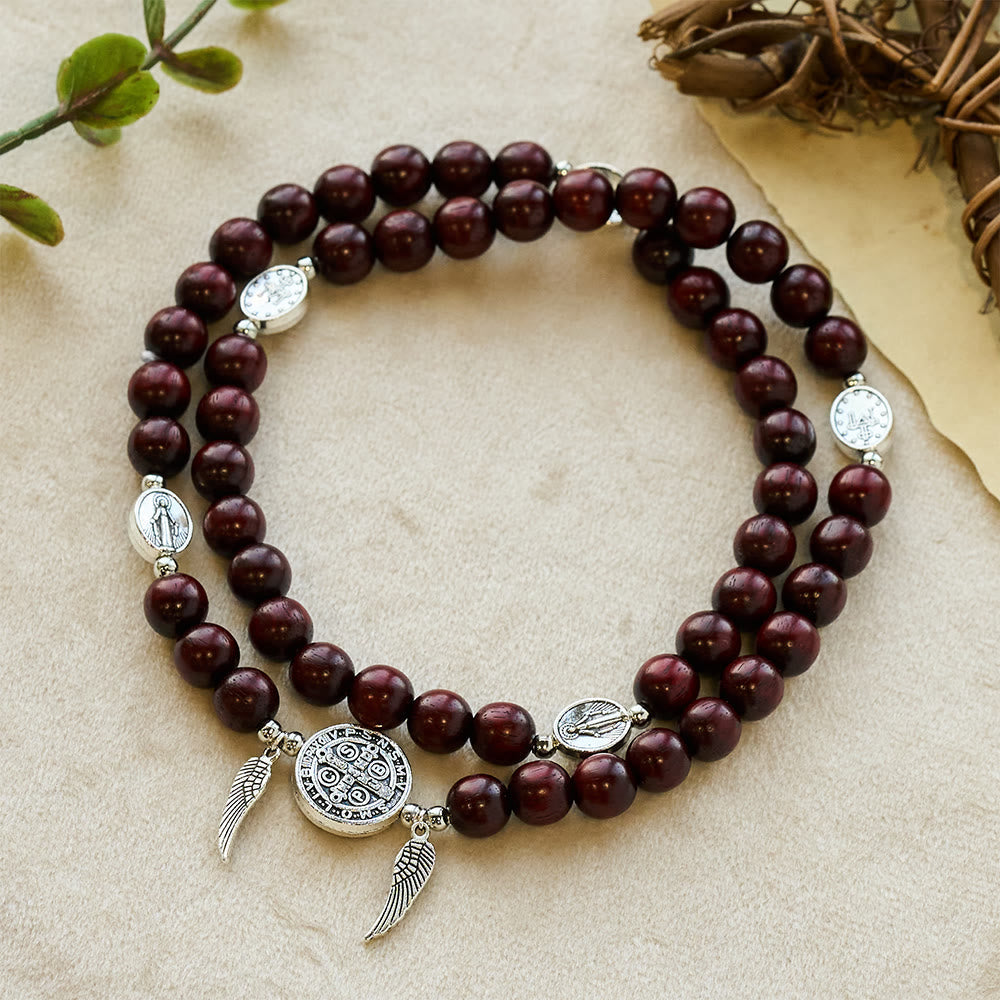 Miraculous Medal & Angel Wing Blood SandalWood Bead Bracelet