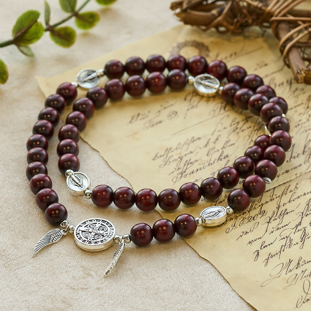Miraculous Medal & Angel Wing Blood SandalWood Bead Bracelet