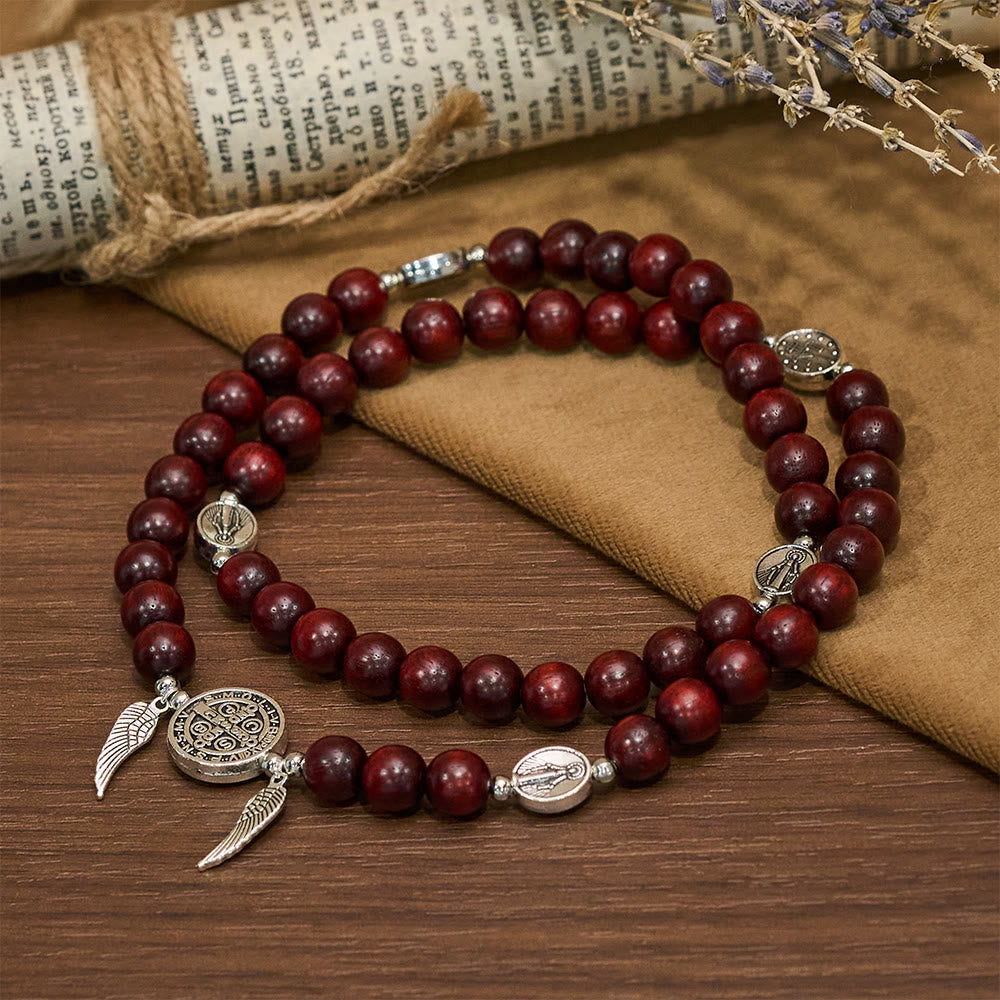 Miraculous Medal & Angel Wing Blood SandalWood Bead Bracelet