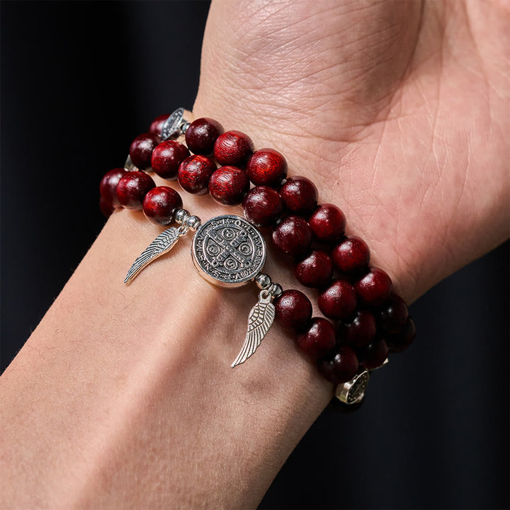 St. Benedict & Miraculous Medal Wooden Bead Dual Guardian Bracelet