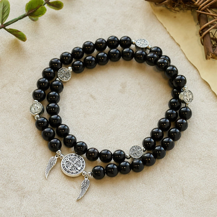 St. Benedict & Miraculous Medal Wooden Bead Dual Guardian Bracelet