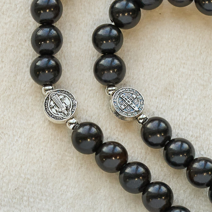 St. Benedict & Miraculous Medal Wooden Bead Dual Guardian Bracelet