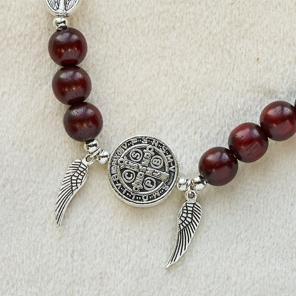 St. Benedict & Miraculous Medal Wooden Bead Dual Guardian Bracelet