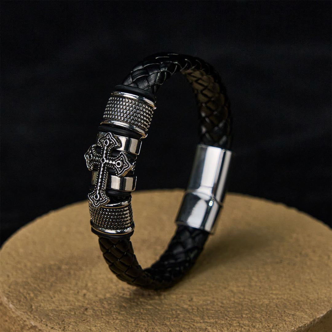 Classic Two-Tone Holy Cross Leather Bracelet with Braided Design