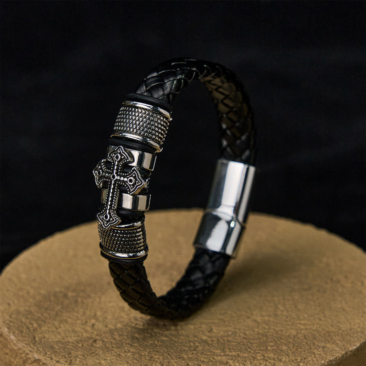 Classic Two-Tone Holy Cross Leather Bracelet with Braided Design