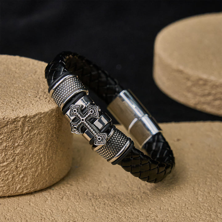Classic Two-Tone Holy Cross Leather Bracelet with Braided Design