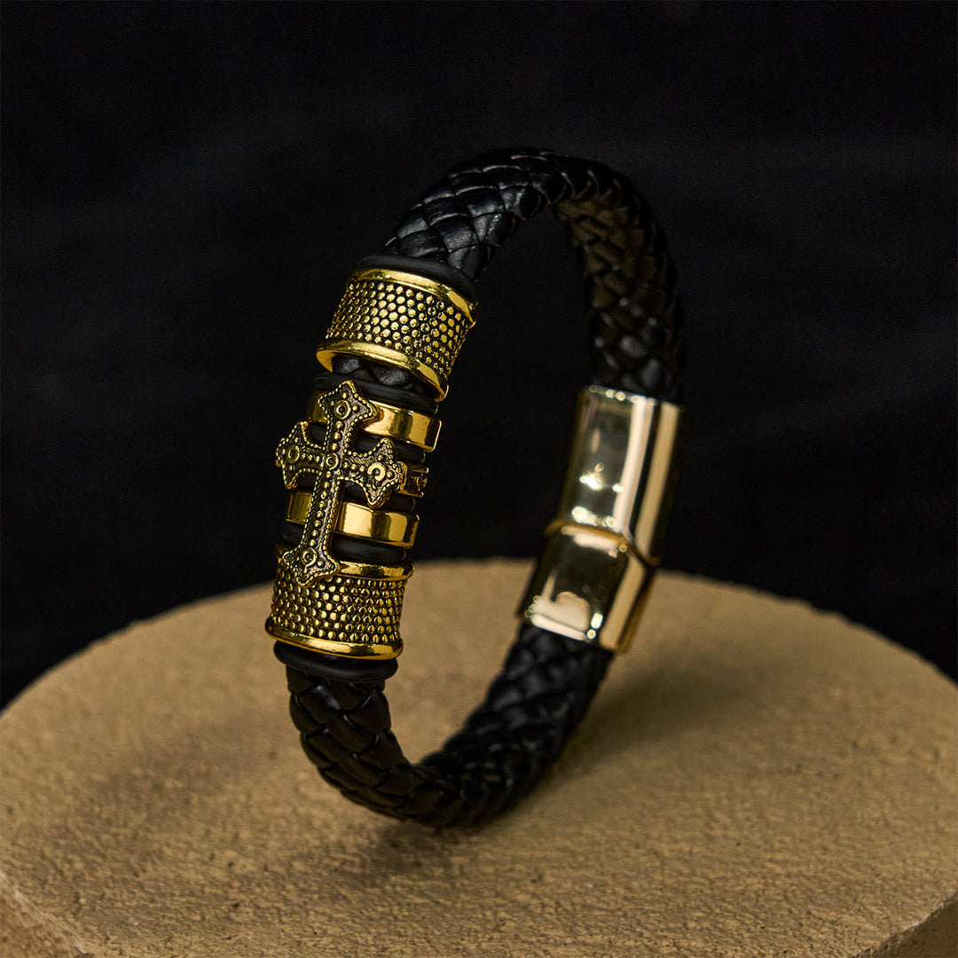 Classic Two-Tone Holy Cross Leather Bracelet with Braided Design