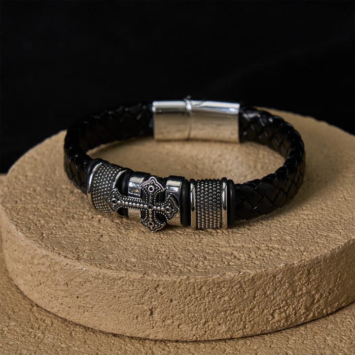 Classic Two-Tone Holy Cross Leather Bracelet with Braided Design