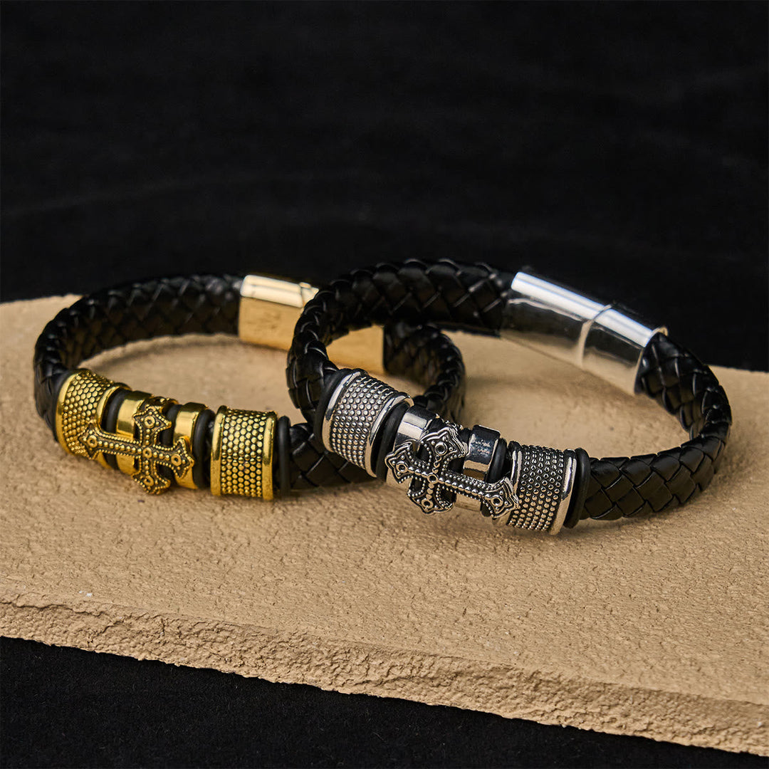 Classic Two-Tone Holy Cross Leather Bracelet with Braided Design