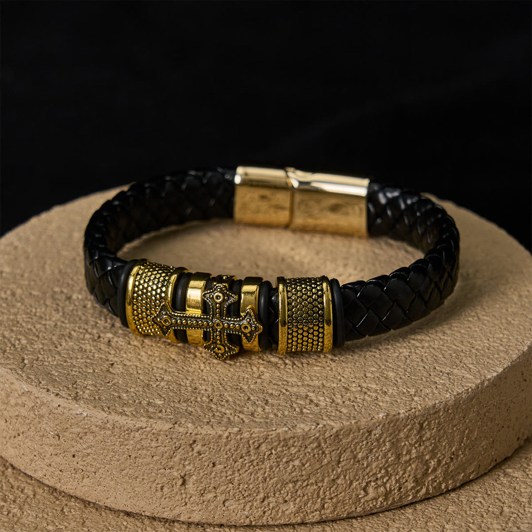 Classic Two-Tone Holy Cross Leather Bracelet with Braided Design