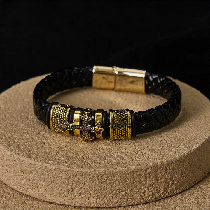 Classic Two-Tone Holy Cross Leather Bracelet with Braided Design