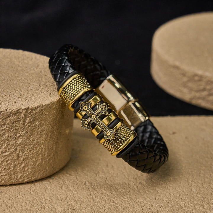 Classic Two-Tone Holy Cross Leather Bracelet with Braided Design