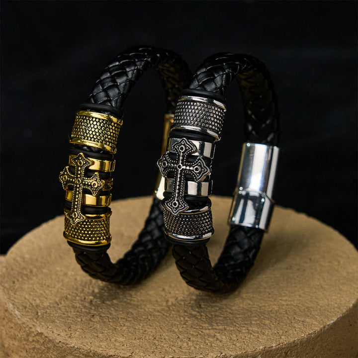 Classic Two-Tone Holy Cross Leather Bracelet with Braided Design